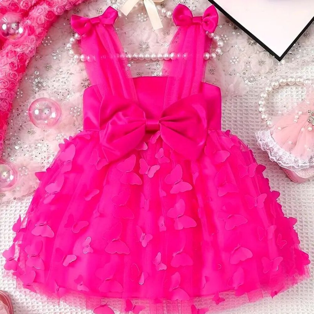 Elegant Pink Butterfly Party Dress with Bow Accents